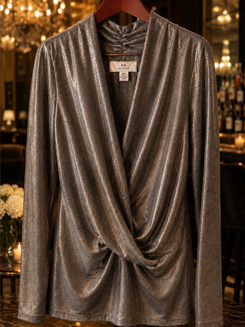 Halston Metallic Draped Twist Front Top M Pewter Shimmer Cocktail Party
